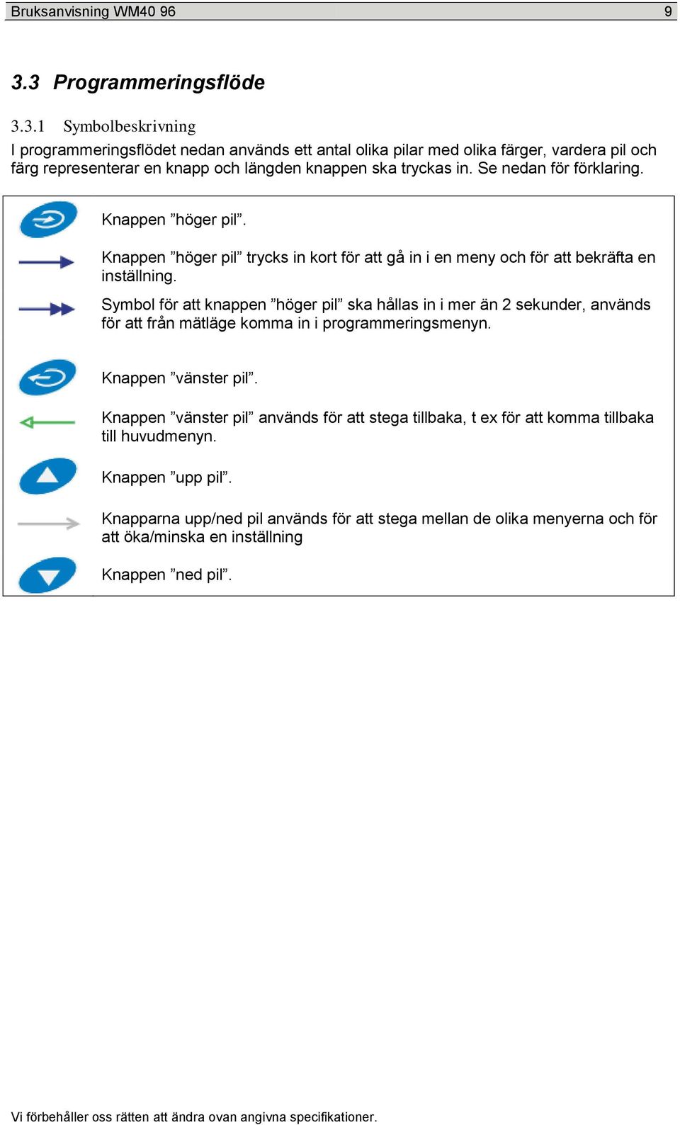 Se nedan för förklaring. Knappen höger pil. Knappen höger pil trycks in kort för att gå in i en meny och för att bekräfta en inställning.