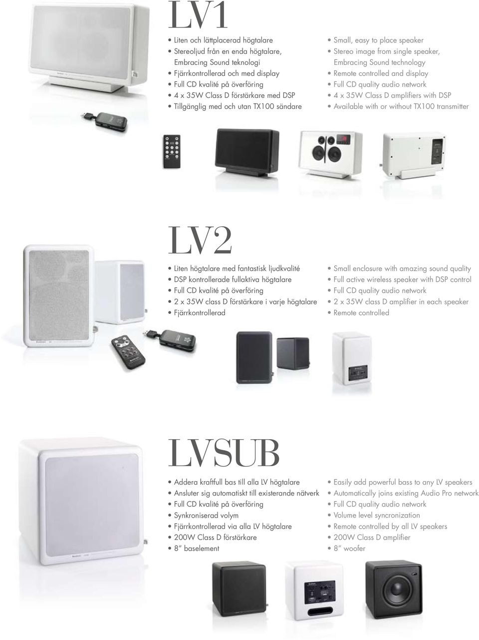 Class D amplifiers with DSP Available with or without TX100 transmitter LV2 Liten högtalare med fantastisk ljudkvalité DSP kontrollerade fullaktiva högtalare Full CD kvalité på överföring 2 x 35W