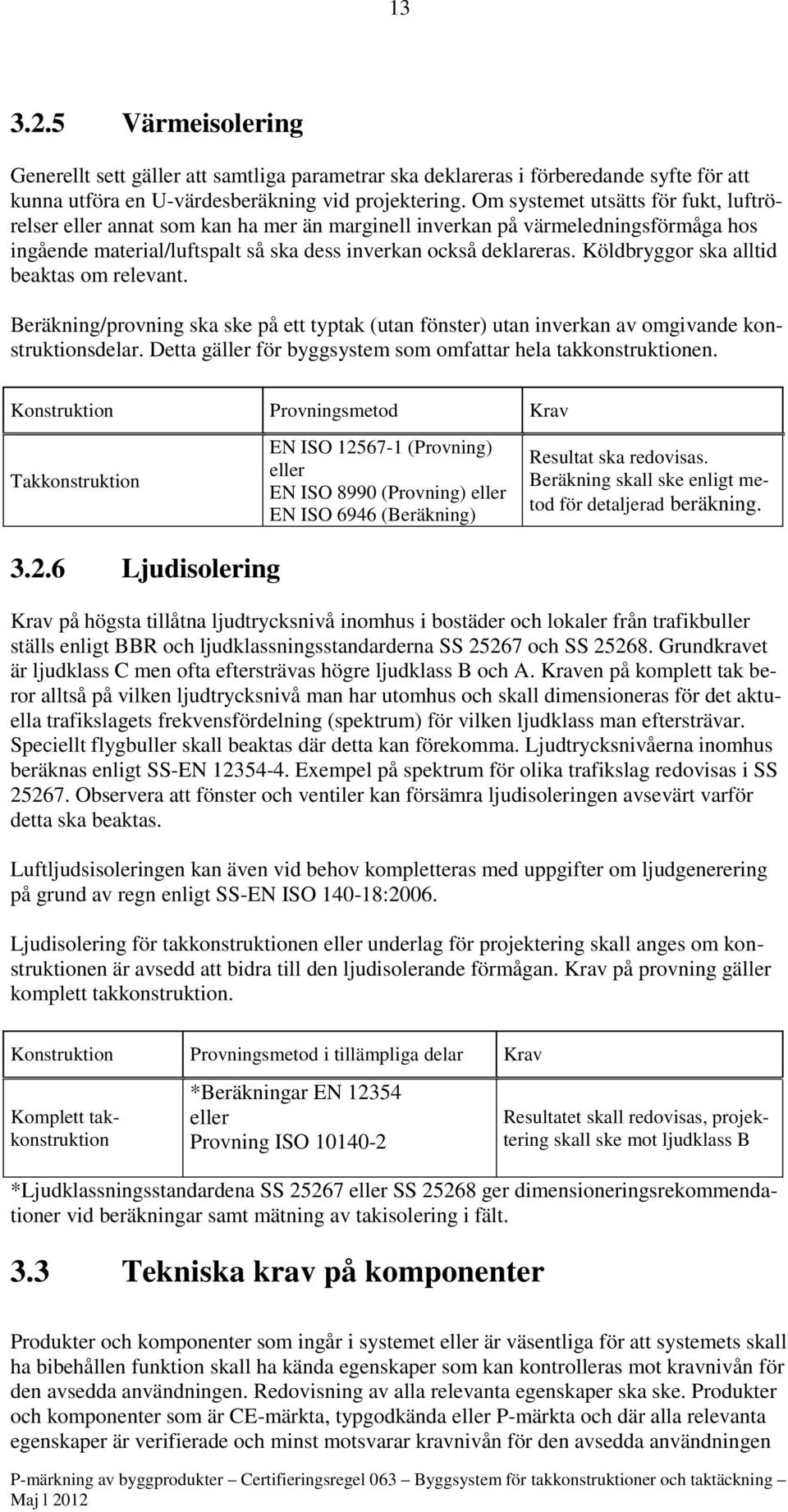 Köldbryggor ska alltid beaktas om relevant. Beräkning/provning ska ske på ett typtak (utan fönster) utan inverkan av omgivande konstruktionsdelar.