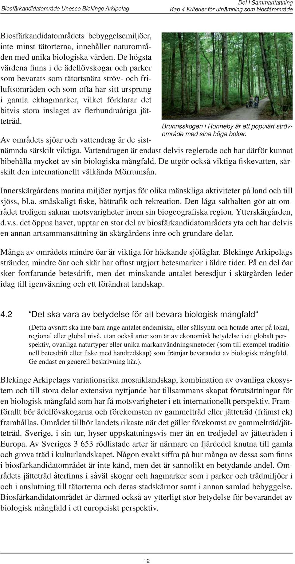 inslaget av flerhundraåriga jätteträd. Brunnsskogen i Ronneby är ett populärt strövområde med sina höga bokar. Av områdets sjöar och vattendrag är de sistnämnda särskilt viktiga.