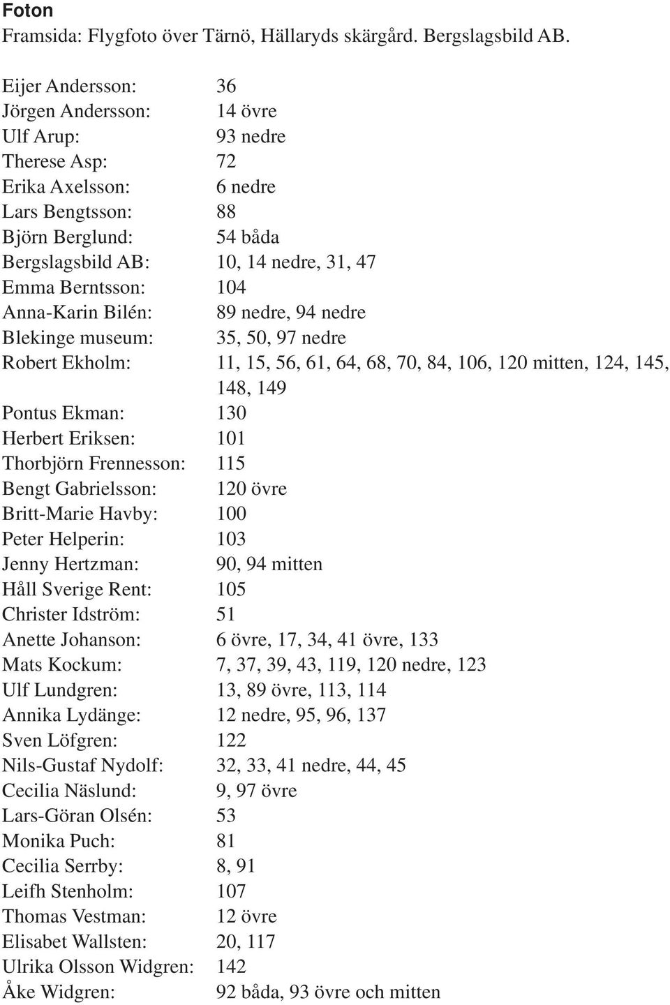 Berntsson: 104 Anna-Karin Bilén: 89 nedre, 94 nedre Blekinge museum: 35, 50, 97 nedre Robert Ekholm: 11, 15, 56, 61, 64, 68, 70, 84, 106, 120 mitten, 124, 145, 148, 149 Pontus Ekman: 130 Herbert