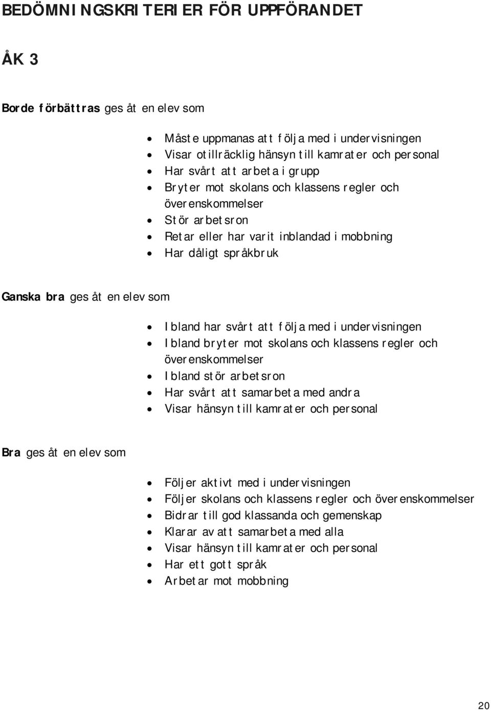 följa med i undervisningen Ibland bryter mot skolans och klassens regler och överenskommelser Ibland stör arbetsron Har svårt att samarbeta med andra Visar hänsyn till kamrater och personal Bra ges