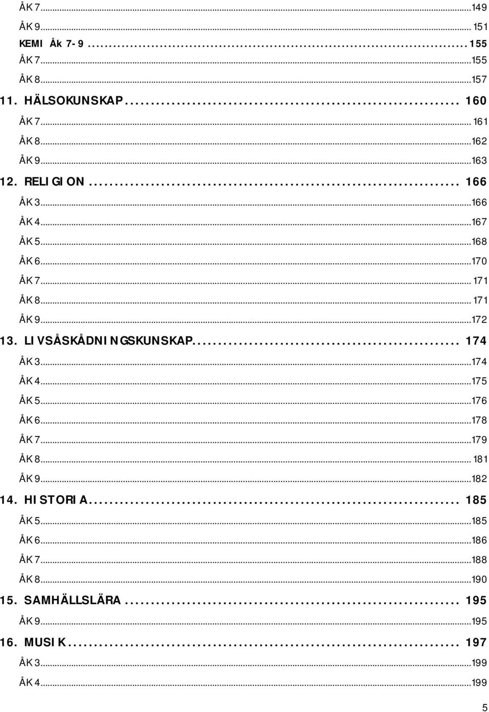 LIVSÅSKÅDNINGSKUNSKAP... 174 ÅK 3... 174 ÅK 4... 175 ÅK 5... 176 ÅK 6... 178 ÅK 7... 179 ÅK 8... 181 ÅK 9... 182 14.