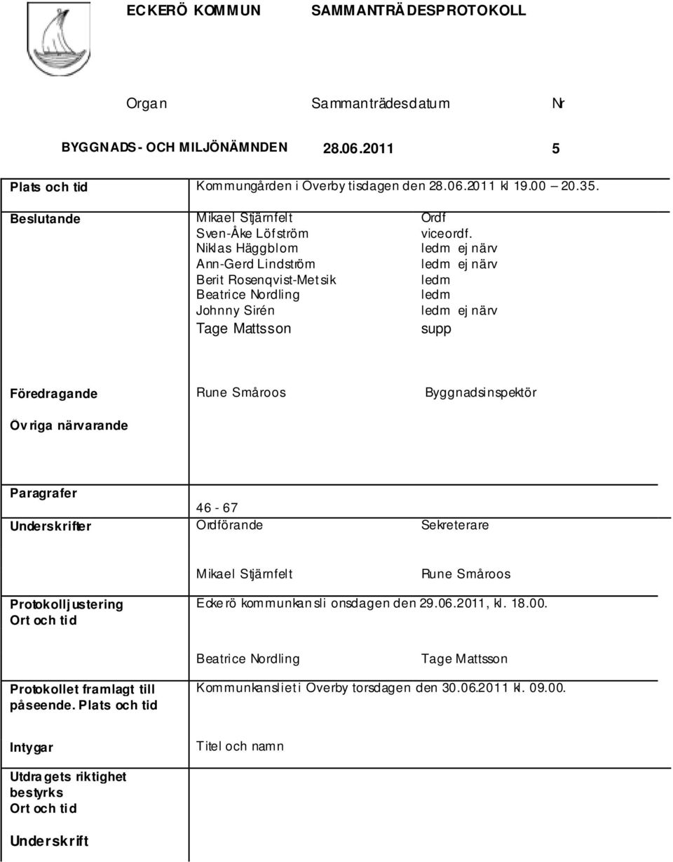 ledm ej närv ledm ej närv ledm ledm ledm ej närv supp Föredragande Rune Småroos Byggnadsinspektör Öv riga närvarande Paragrafer 46-67 Underskrifter Ordförande Sekreterare Mikael Stjärnfelt Rune