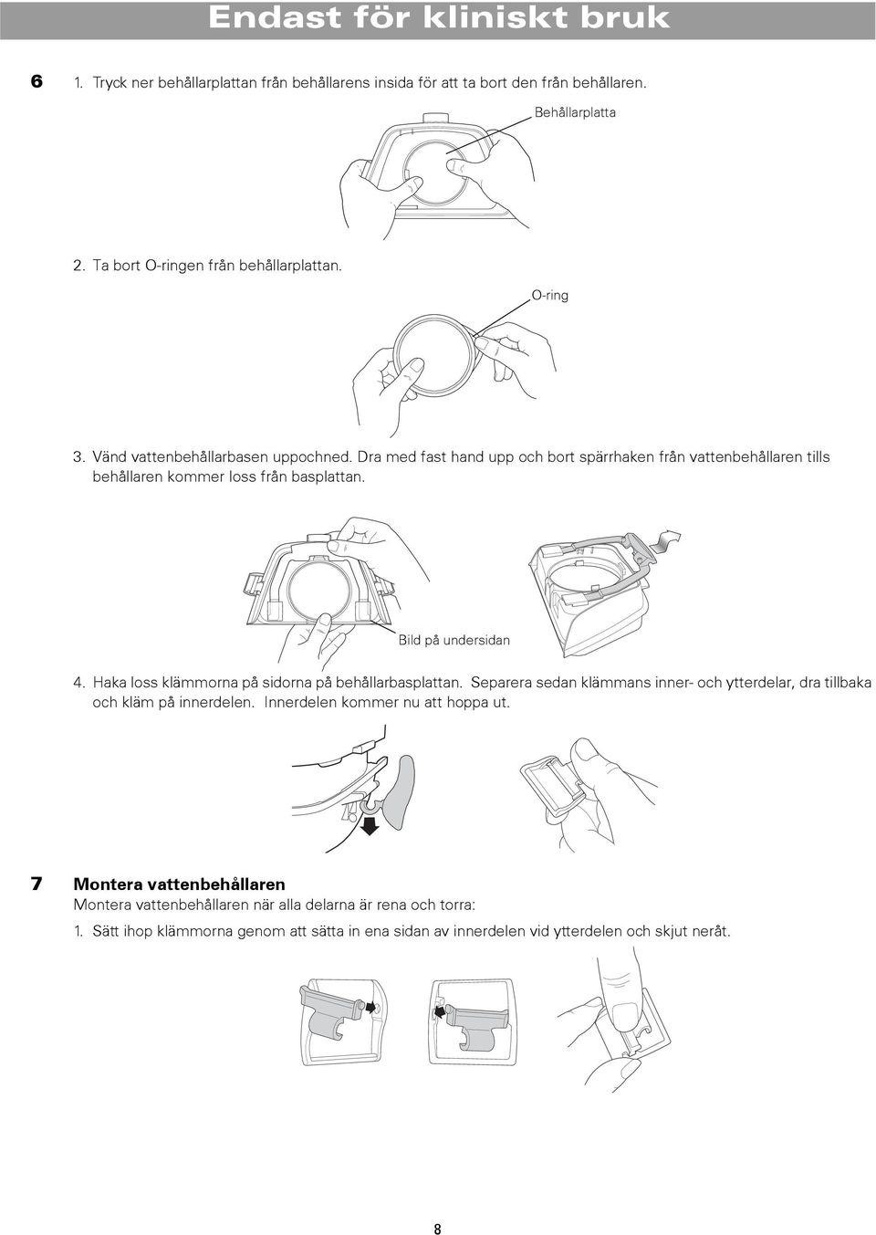 Haka loss klämmorna på sidorna på behållarbasplattan. Separera sedan klämmans inner- och ytterdelar, dra tillbaka och kläm på innerdelen. Innerdelen kommer nu att hoppa ut.