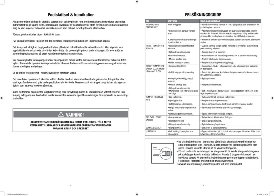 Förvara poolkemikalier utom räckhåll för barn. Fyll inte på kemikalier i poolen när den används. Irritationer på huden och i ögonen kan uppstå.