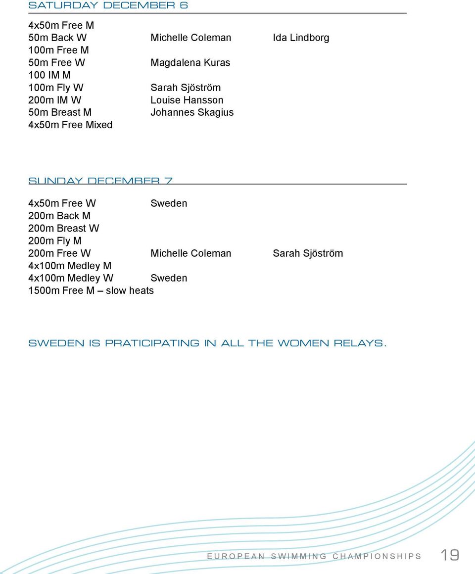 Sweden 200m Back M 200m Breast W 200m Fly M 200m Free W Michelle Coleman Sarah Sjöström 4x100m Medley M 4x100m Medley W Sweden