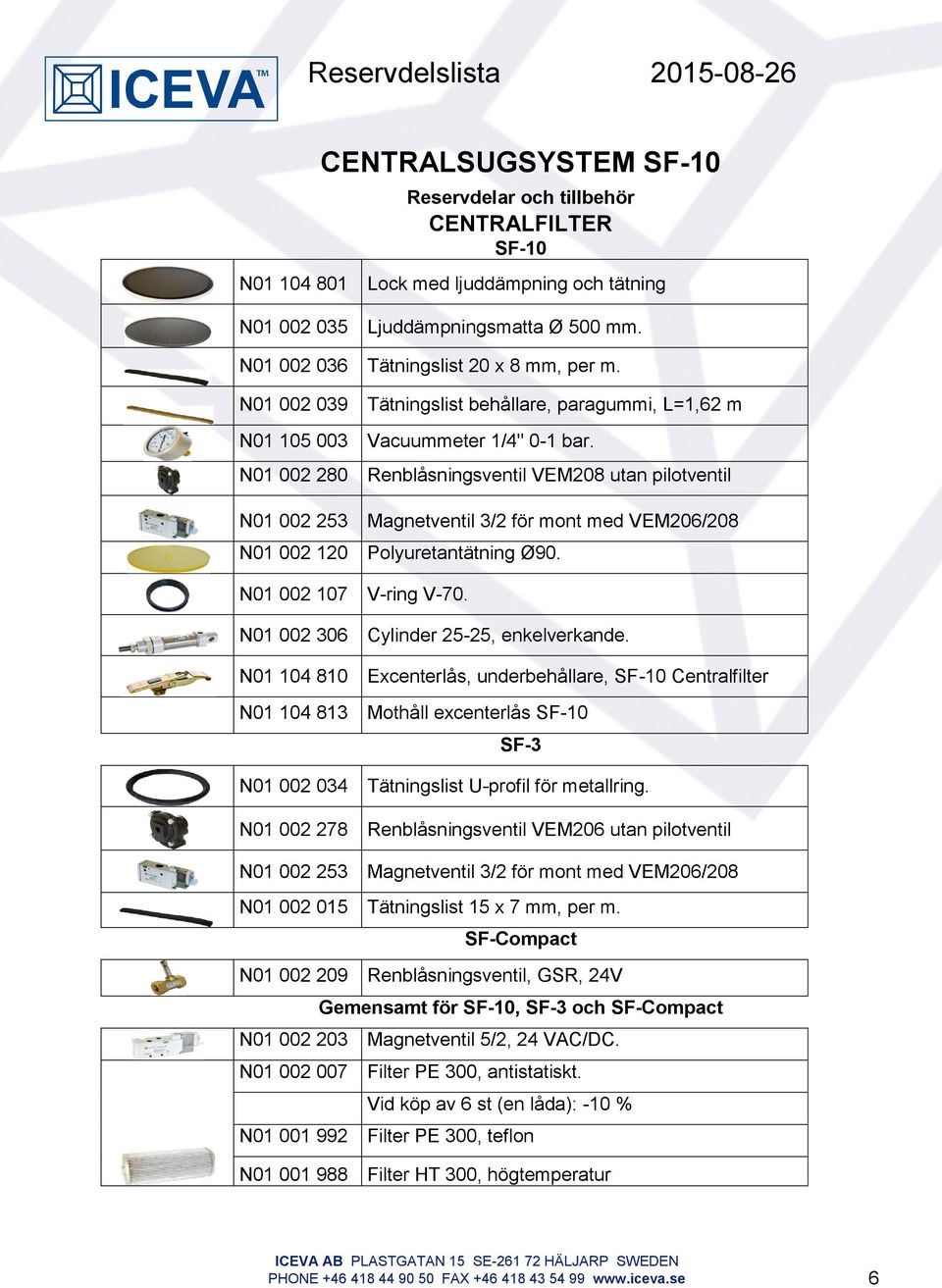 N01 002 280 Renblåsningsventil VEM208 utan pilotventil N01 002 253 Magnetventil 3/2 för mont med VEM206/208 N01 002 120 Polyuretantätning Ø90. N01 002 107 V-ring V-70.