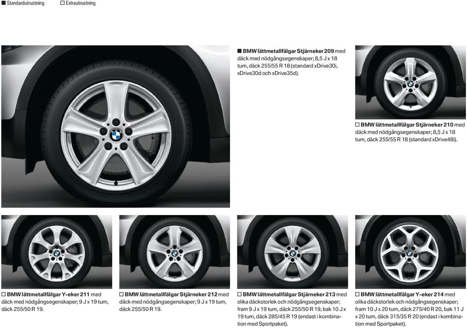 o BMW lättmetallfälgar Y-eker 211 med däck med nödgångsegenskaper; 9 J x 19 tum, däck 255/50 R 19.