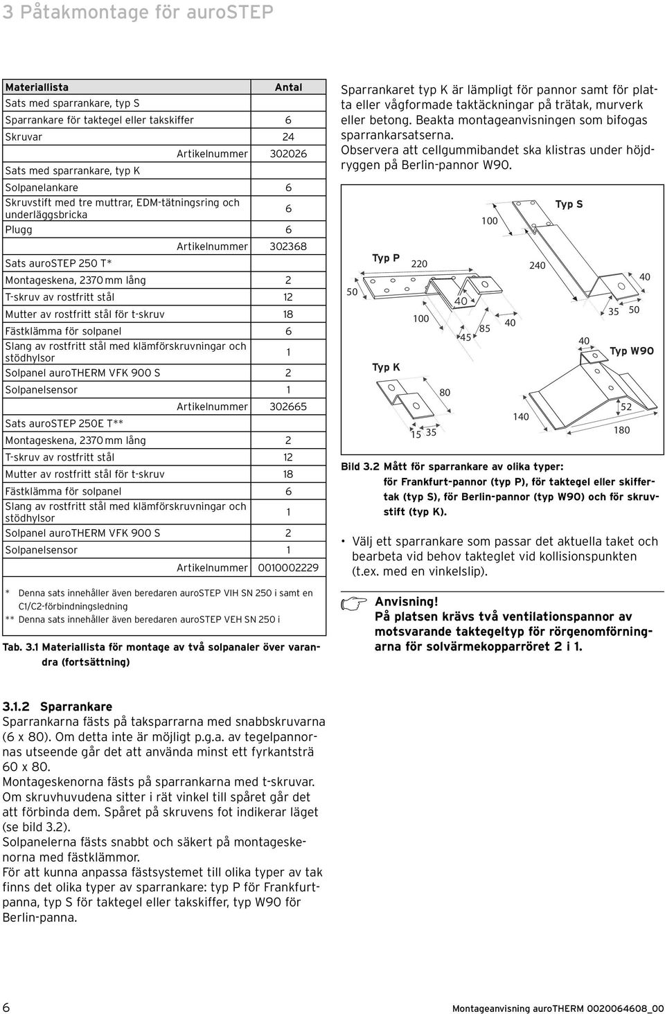 stål för t-skruv 18 Fästklämma för solpanel 6 Slang av rostfritt stål med klämförskruvningar och stödhylsor 1 Solpanel aurotherm VFK 900 S 2 Solpanelsensor 1 Artikelnummer 302665 Sats aurostep 250E