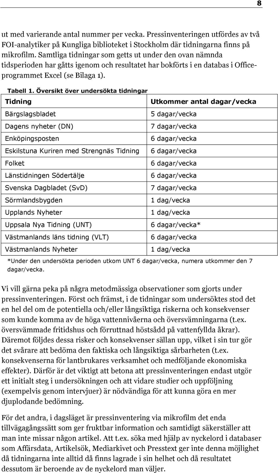 Översikt över undersökta tidningar Tidning Bärgslagsbladet Dagens nyheter (DN) Enköpingsposten Eskilstuna Kuriren med Strengnäs Tidning Folket Länstidningen Södertälje Svenska Dagbladet (SvD)