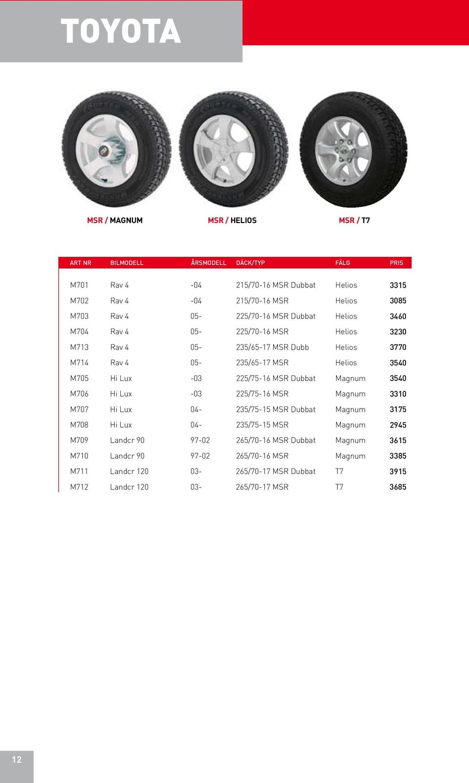 Dubbat Magnum 3540 M706 Hi Lux -03 225/75-16 MSR Magnum 3310 M707 Hi Lux 04-235/75-15 MSR Dubbat Magnum 3175 M708 Hi Lux 04-235/75-15 MSR Magnum 2945 M709 Landcr 90