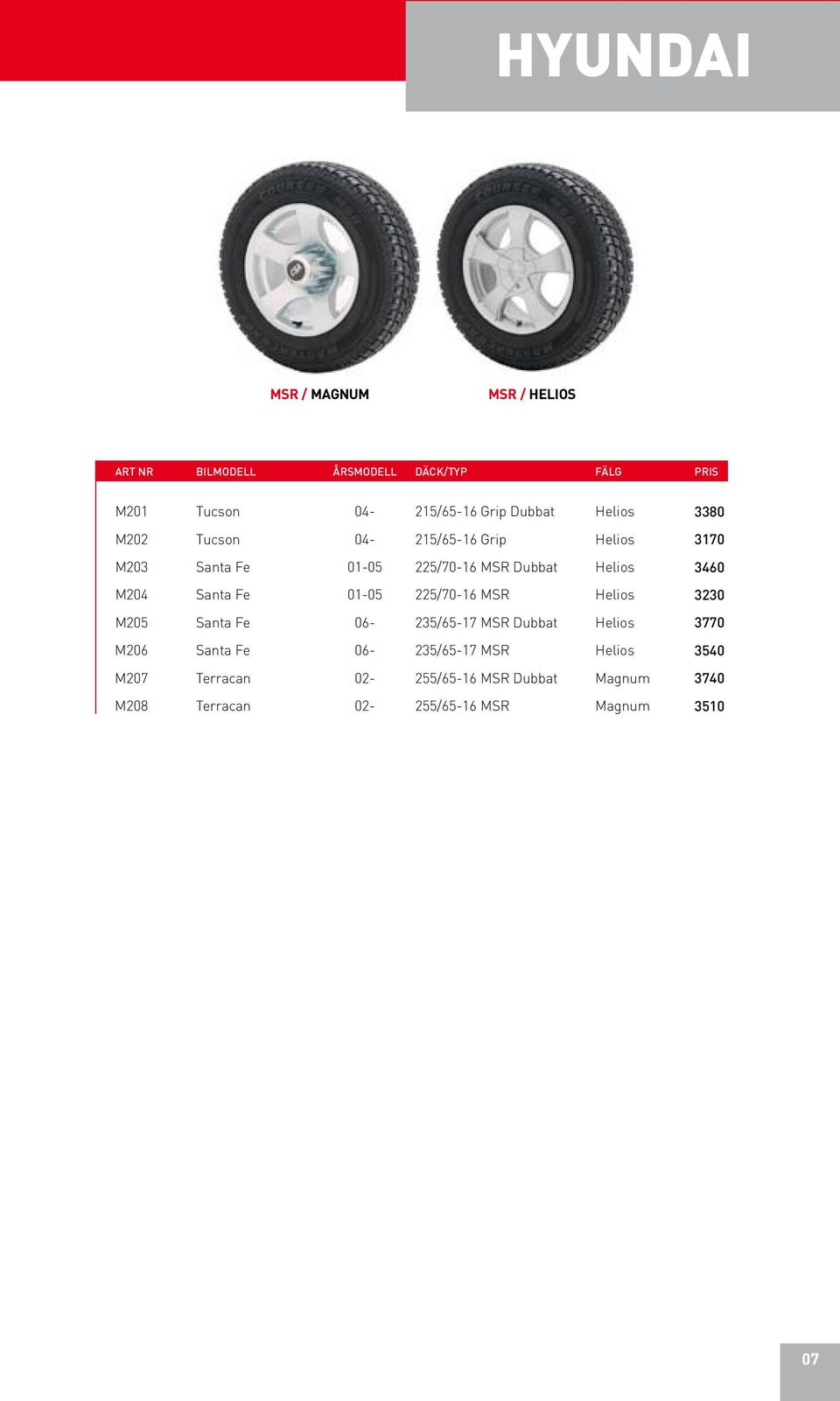 225/70-16 MSR Helios 3230 M205 Santa Fe 06-235/65-17 MSR Dubbat Helios 3770 M206 Santa Fe 06-235/65-17