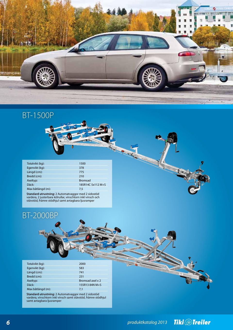 ljusramper BT-2000BP Totalvikt (kg): 2000 Egenvikt (kg): 583 Längd (cm): 741 Bredd (cm): 231 axel x 2 Маx båtlängd (m): 7,1