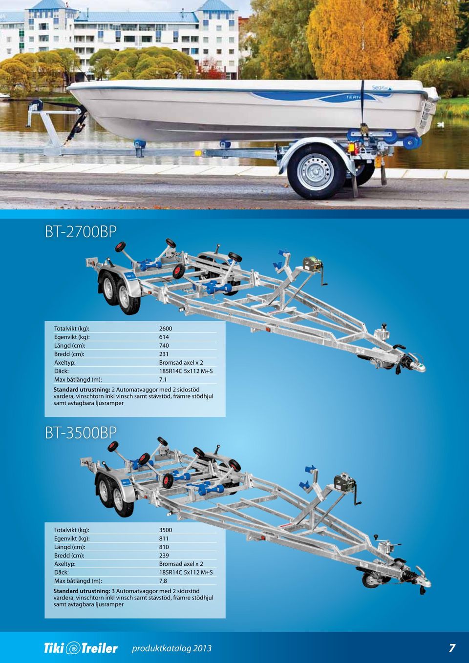 BT-3500BP Totalvikt (kg): 3500 Egenvikt (kg): 811 Längd (cm): 810 Bredd (cm): 239 axel x 2 185R14C 5x112 M+S Маx båtlängd (m): 7,8