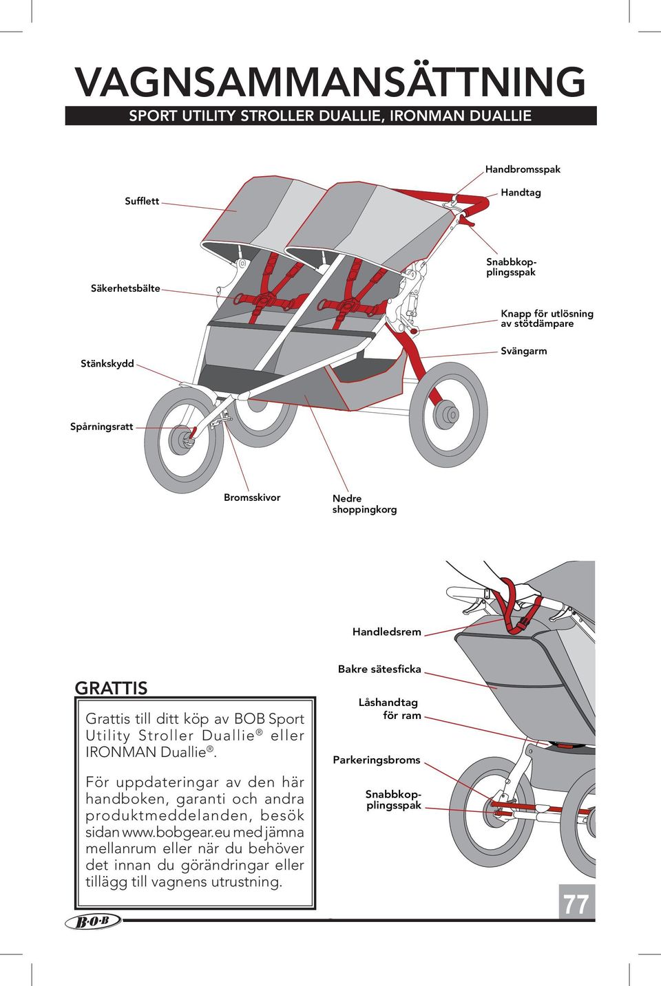 Utility Stroller Duallie eller IRONMAN Duallie. För uppdateringar av den här handboken, garanti och andra produktmeddelanden, besök sidan www.bobgear.