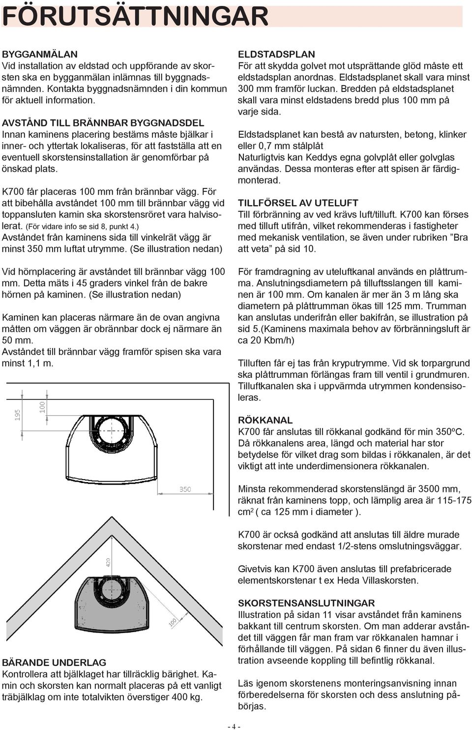 plats. K700 får placeras 100 mm från brännbar vägg. För att bibehålla avståndet 100 mm till brännbar vägg vid toppansluten kamin ska skorstensröret vara halvisolerat.