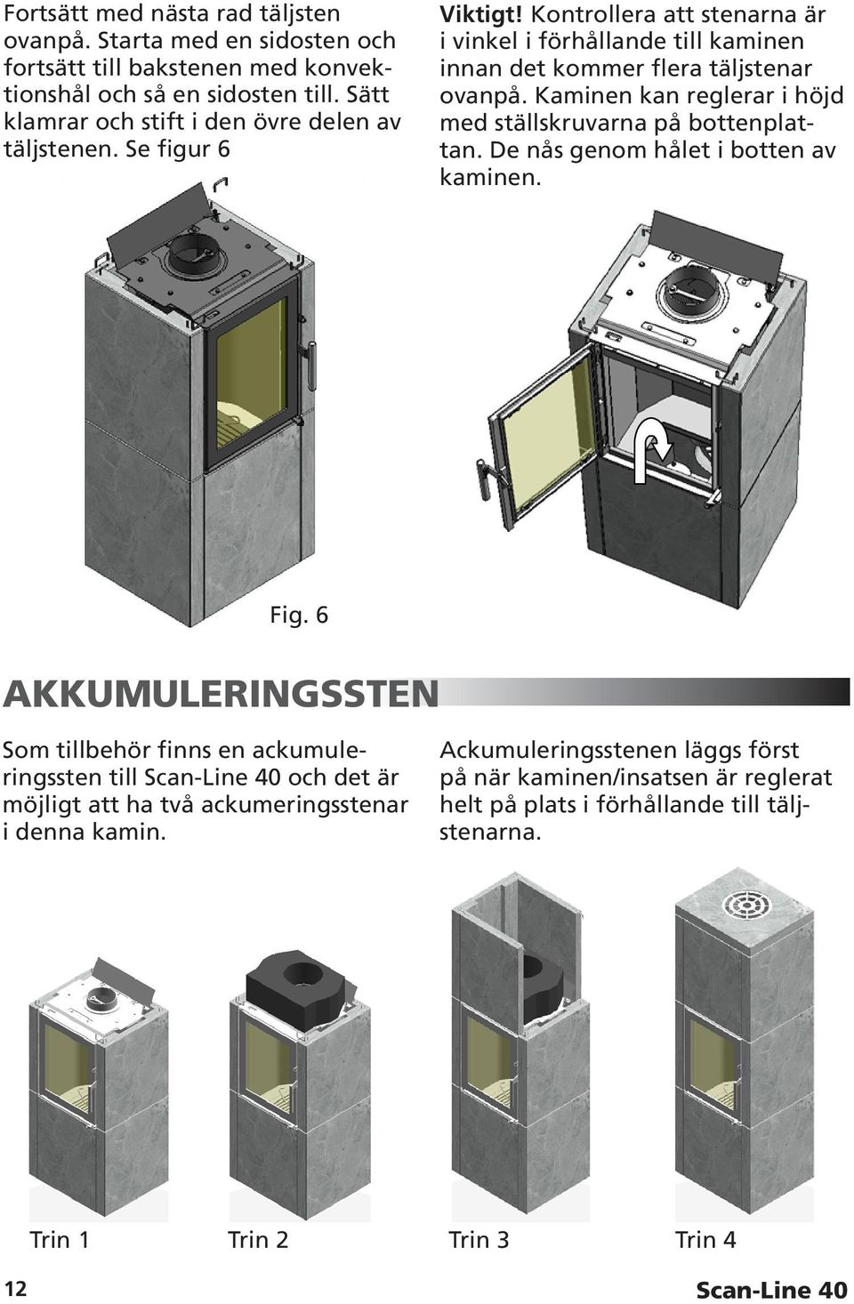 Kaminen kan reglerar i höjd med ställskruvarna på bottenplattan. De nås genom hålet i botten av kaminen. Fig.