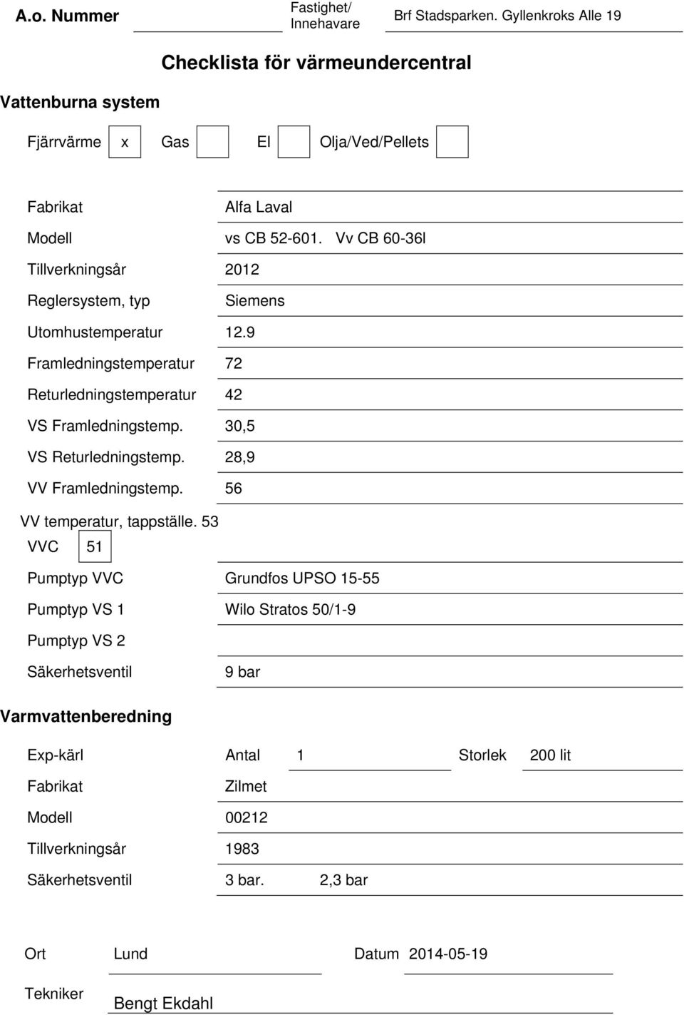 Vv CB 60-36l Tillverkningsår 2012 Reglersystem, typ Siemens Utomhustemperatur 12.9 Framledningstemperatur 72 Returledningstemperatur 42 VS Framledningstemp.