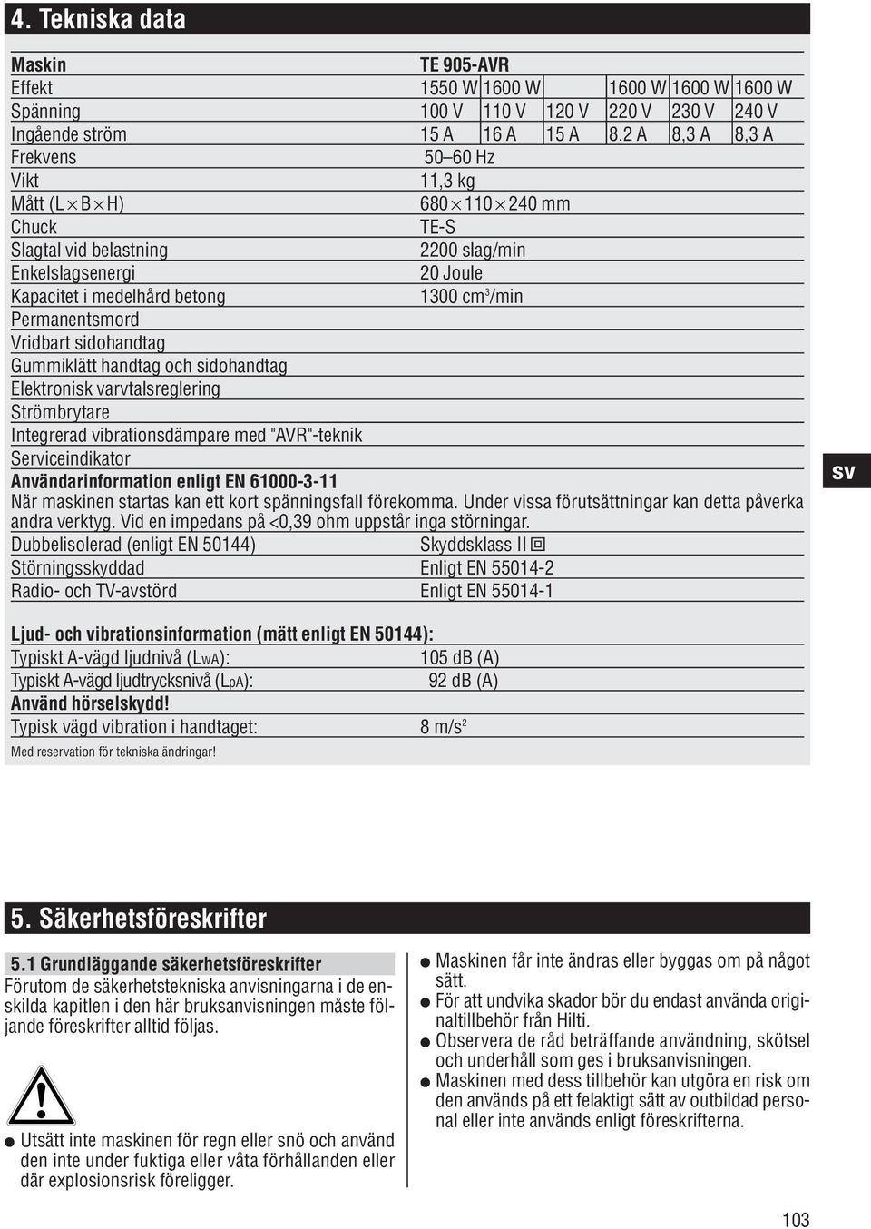 handtag och sidohandtag Elektronisk varvtalsreglering Strömbrytare Integrerad vibrationsdämpare med "AVR"-teknik Serviceindikator arinformation enligt EN 61000-3-11 När maskinen startas kan ett kort