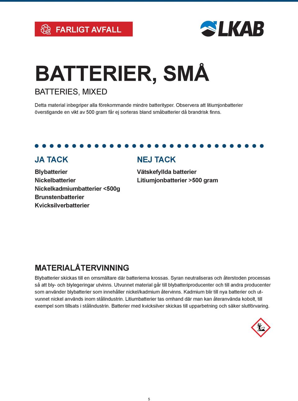 Blybatterier Nickelbatterier Nickelkadmiumbatterier <500g Brunstenbatterier Kvicksilverbatterier Vätskefyllda batterier Litiumjonbatterier >500 gram Blybatterier skickas till en omsmältare där