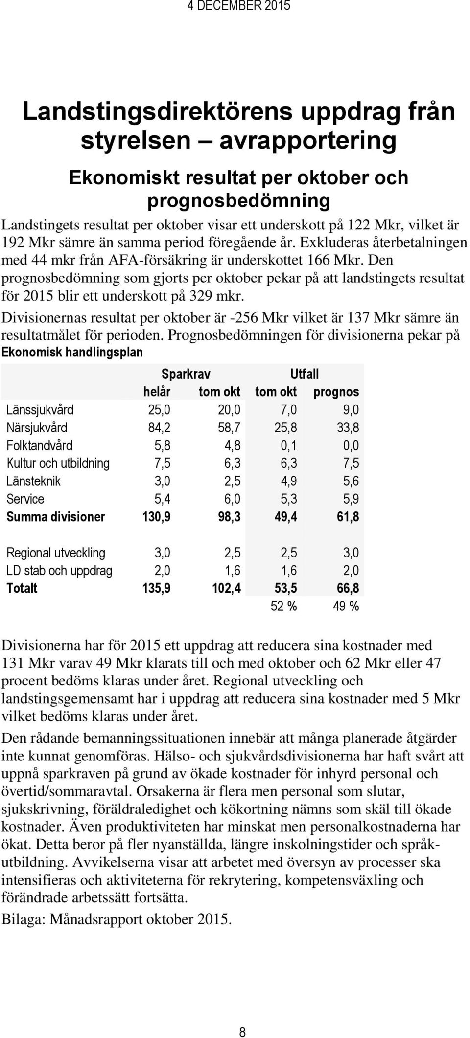 Den prognosbedömning som gjorts per oktober pekar på att landstingets resultat för 2015 blir ett underskott på 329 mkr.