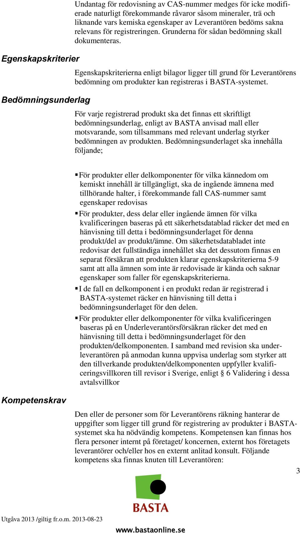 Egenskapskriterierna enligt bilagor ligger till grund för Leverantörens bedömning om produkter kan registreras i BASTA-systemet.