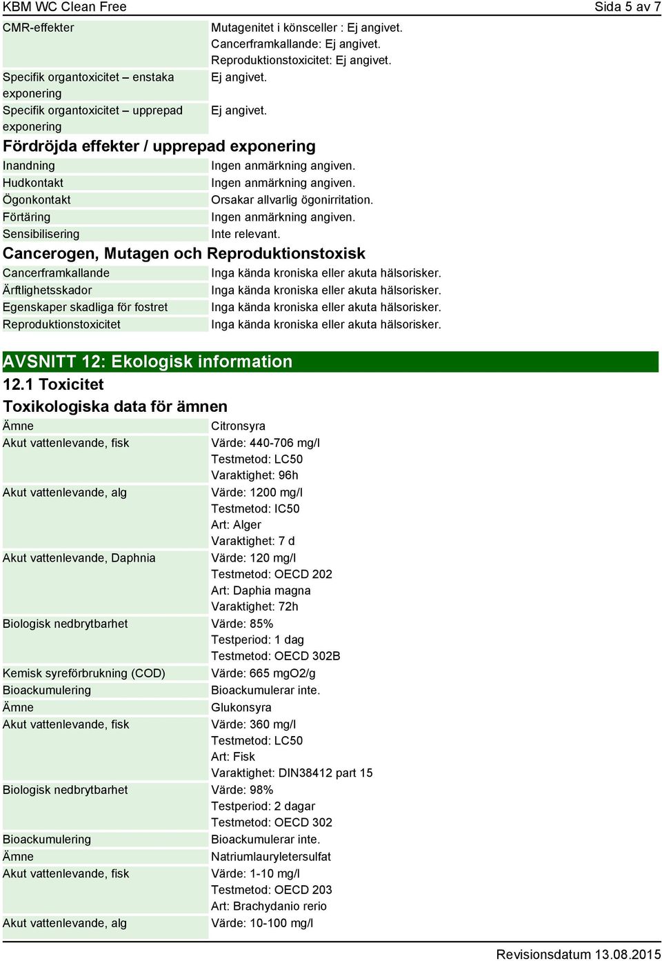 Förtäring Sensibilisering Inte relevant. Cancerogen, Mutagen och Reproduktionstoxisk Cancerframkallande Inga kända kroniska eller akuta hälsorisker.