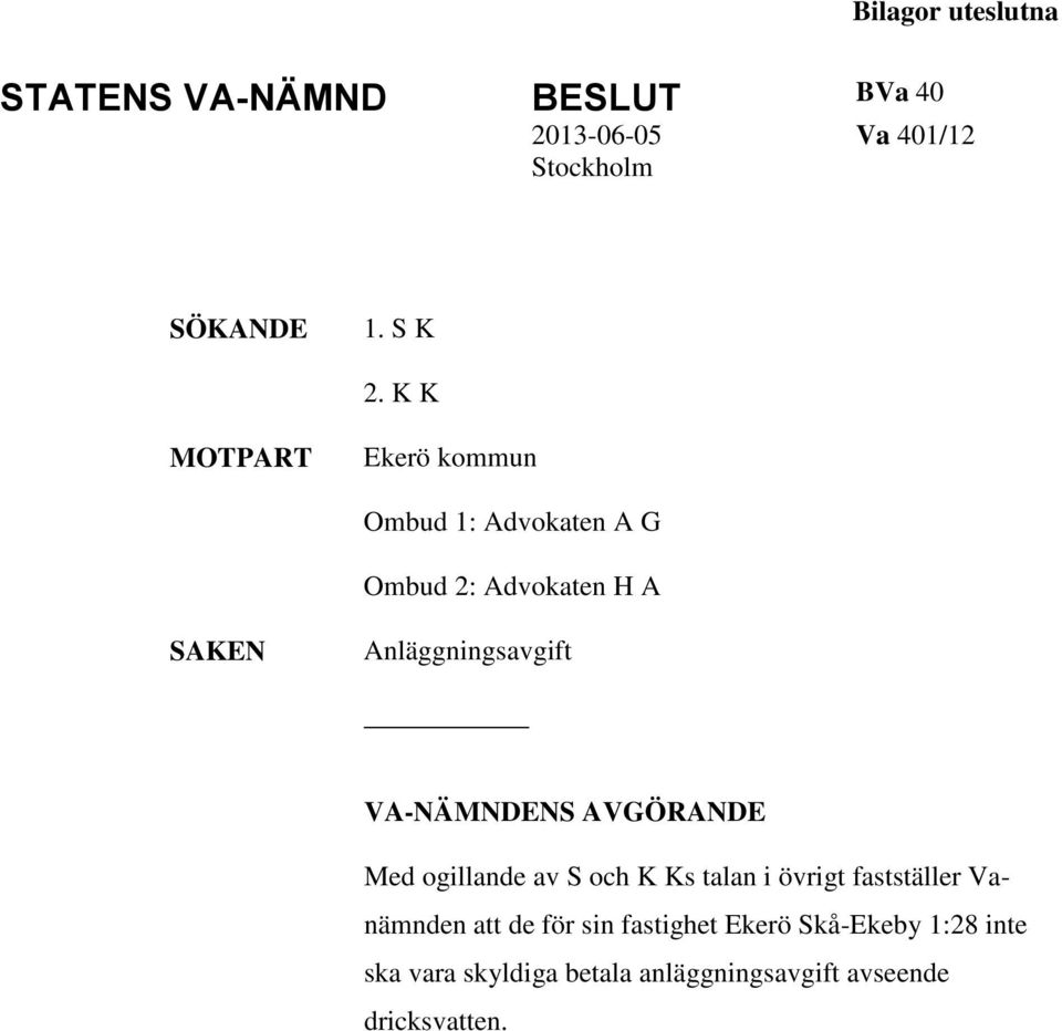 VA-NÄMNDENS AVGÖRANDE Med ogillande av S och K Ks talan i övrigt fastställer Vanämnden att de för