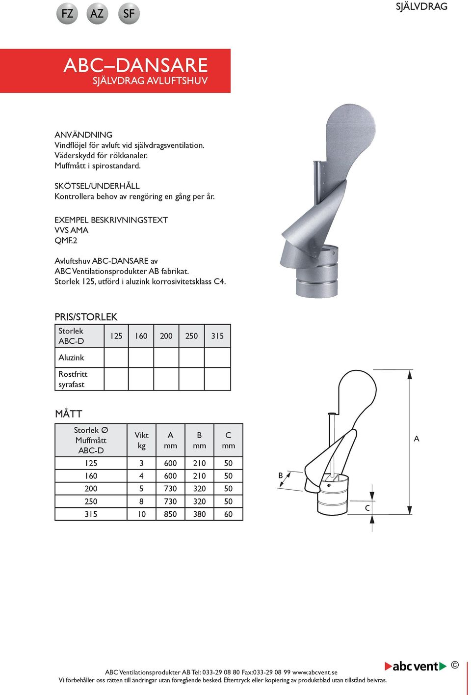 2 Avluftshuv ABC-DANSARE av ABC Ventilationsprodukter AB fabrikat. Storlek 125, utförd i aluzink korrosivitetsklass C4.