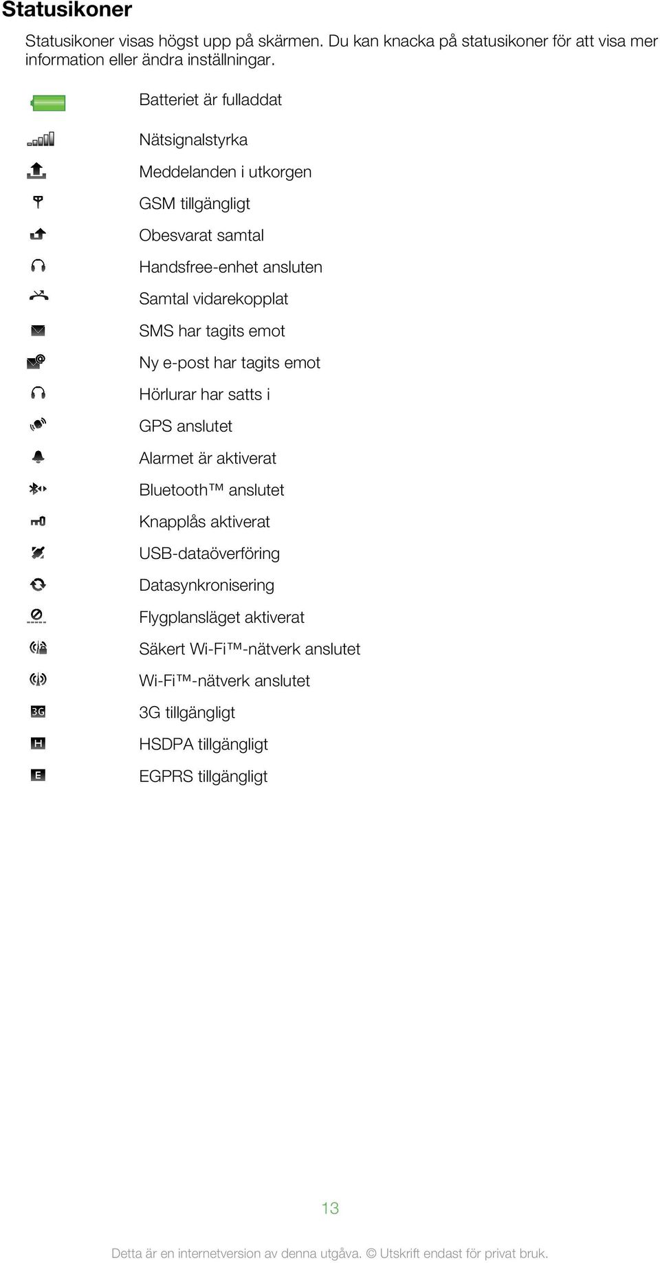 har tagits emot Ny e-post har tagits emot Hörlurar har satts i GPS anslutet Alarmet är aktiverat Bluetooth anslutet Knapplås aktiverat