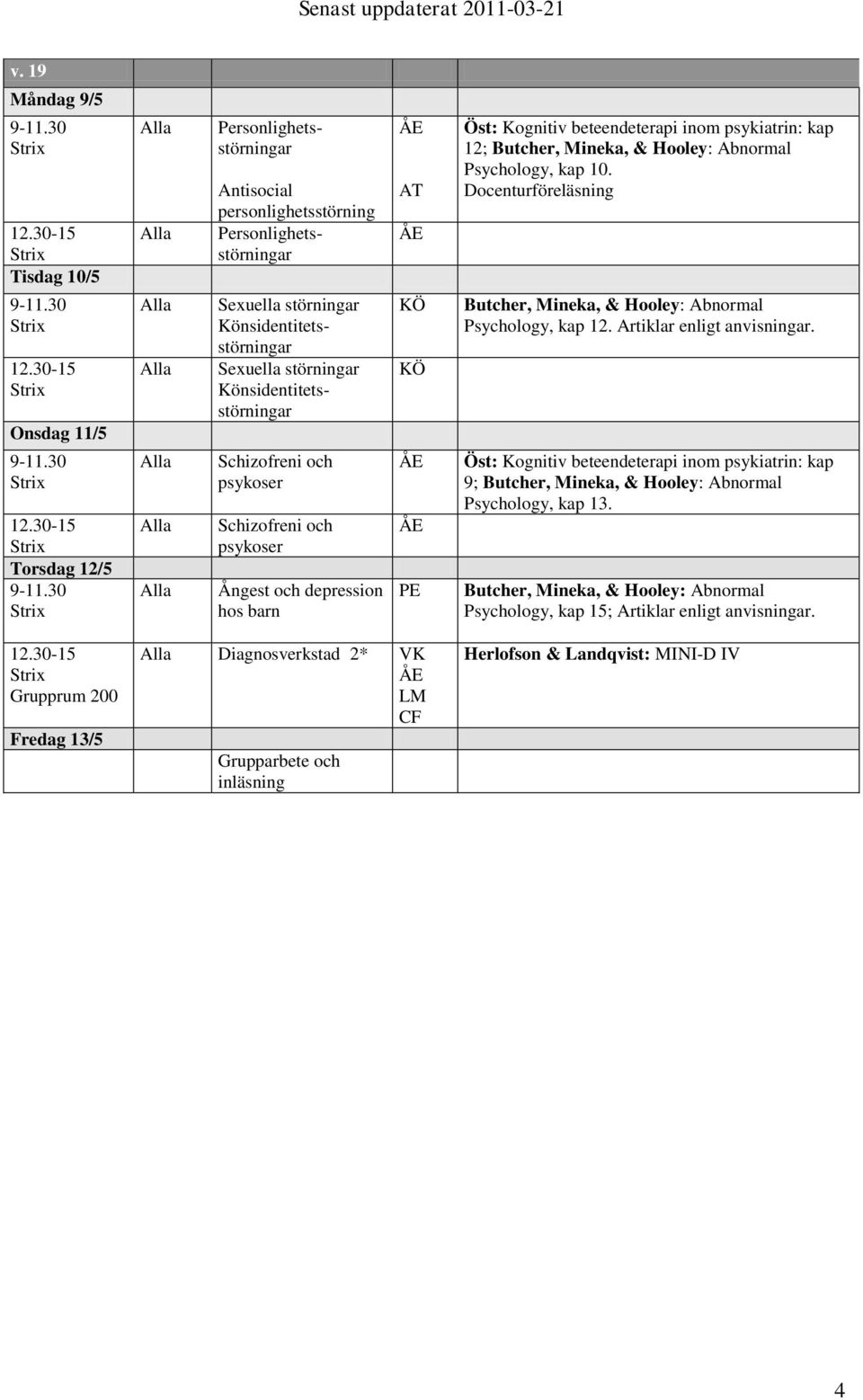 Kognitiv beteende inom psykiatrin: kap 12; Psychology, kap 10. Docenturföreläsning Psychology, kap 12. Artiklar enligt anvisningar.