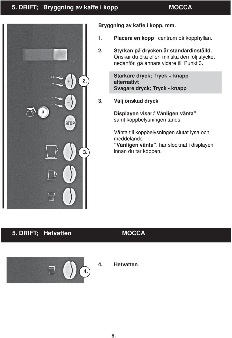 Starkare dryck; + knapp alternativt Svagare dryck; - knapp 3.