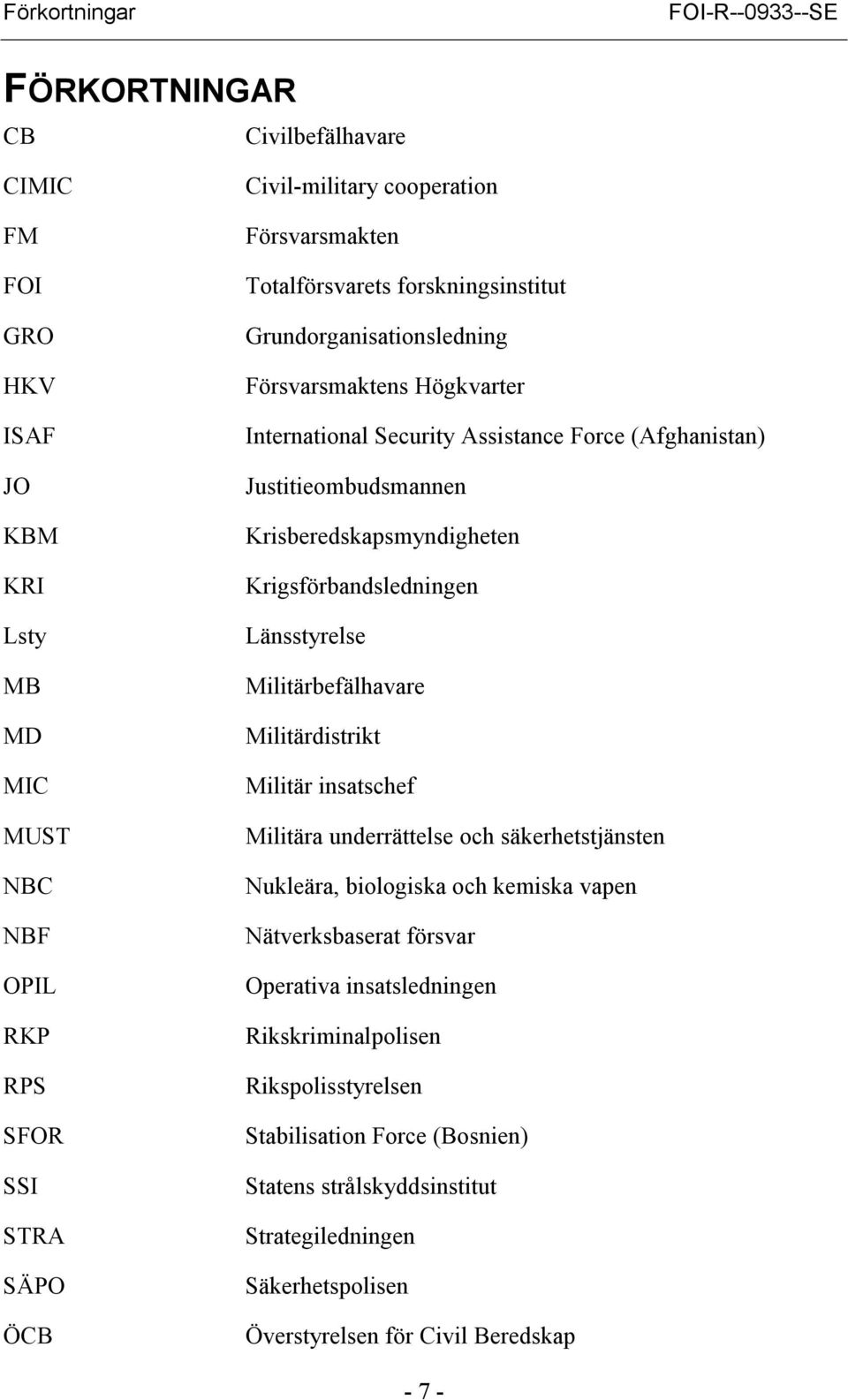 Krisberedskapsmyndigheten Krigsförbandsledningen Länsstyrelse Militärbefälhavare Militärdistrikt Militär insatschef Militära underrättelse och säkerhetstjänsten Nukleära, biologiska och kemiska