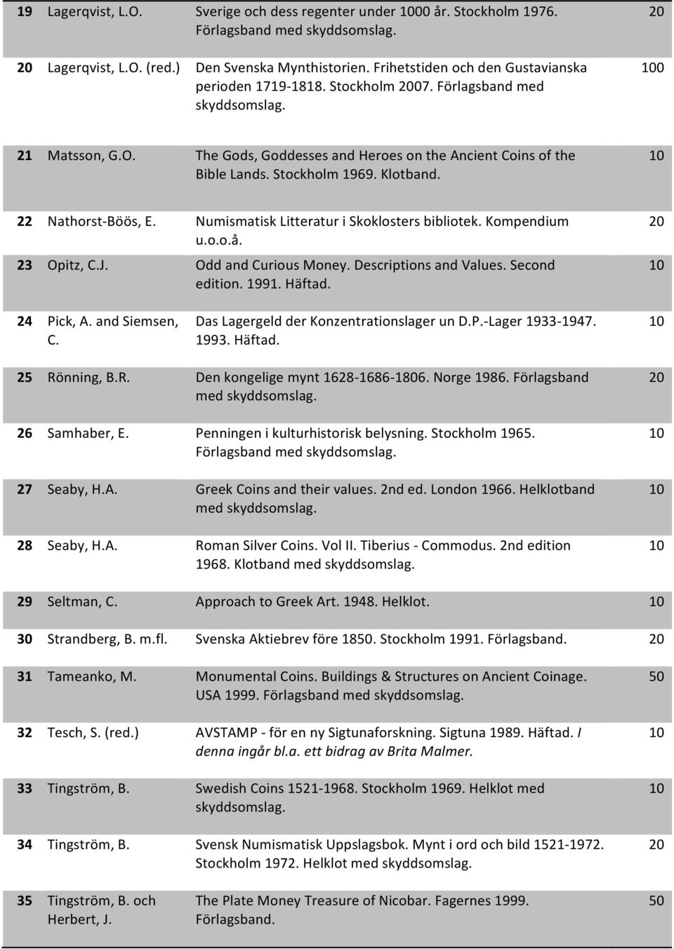 Stockholm 1969. Klotband. 22 Nathorst- Böös, E. Numismatisk Litteratur i Skoklosters bibliotek. Kompendium u.o.o.å. 23 Opitz, C.J. Odd and Curious Money. Descriptions and Values. Second edition. 1991.