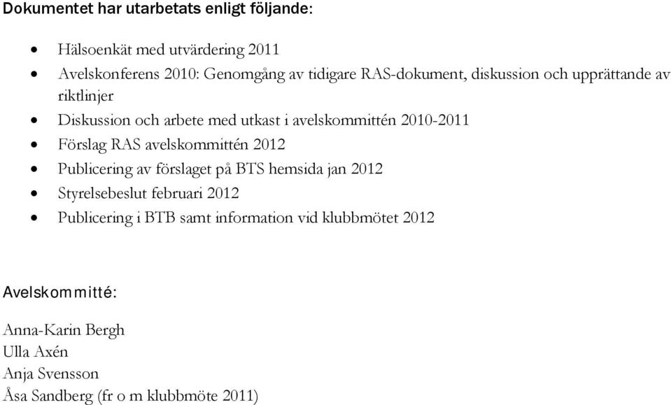 RAS avelskommittén 2012 Publicering av förslaget på BTS hemsida jan 2012 Styrelsebeslut februari 2012 Publicering i BTB