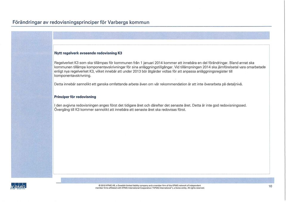 Vid tillämpningen 2014 ska jämförelsetal vara omarbetade enligt nya regelverket K3, vilket innebär att under 2013 bör åtgärder vidtas för att anpassa anläggningsregister till kom pone ntavs krivn i