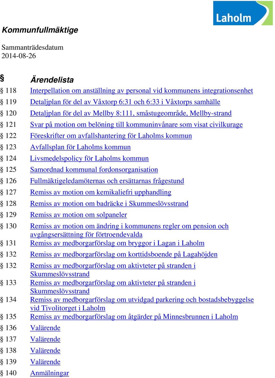 Laholms kommun 123 Avfallsplan för Laholms kommun 124 Livsmedelspolicy för Laholms kommun 125 Samordnad kommunal fordonsorganisation 126 Fullmäktigeledamöternas och ersättarnas frågestund 127 Remiss