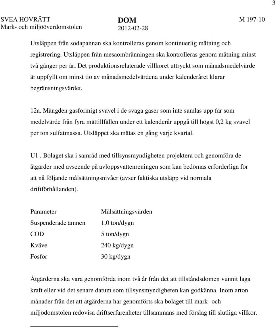 Det produktionsrelaterade villkoret uttryckt som månadsmedelvärde är uppfyllt om minst tio av månadsmedelvärdena under kalenderåret klarar begränsningsvärdet. 12a.