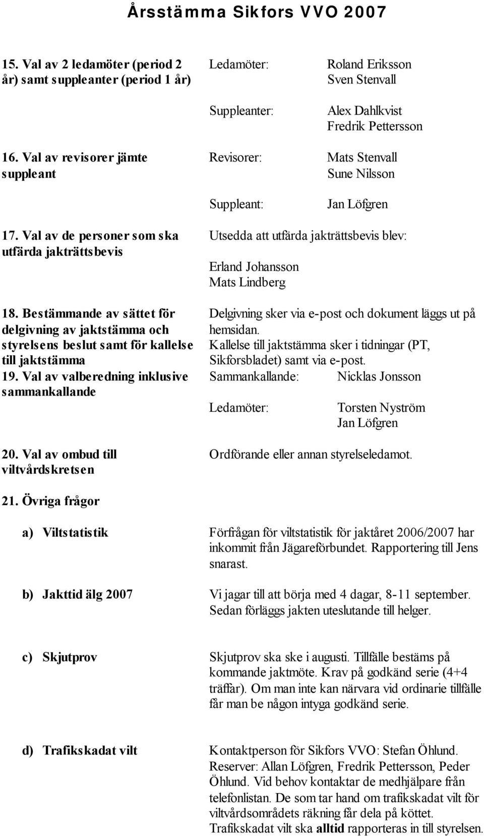 Val av de personer som ska utfärda jakträttsbevis 18. Bestämmande av sättet för delgivning av jaktstämma och styrelsens beslut samt för kallelse till jaktstämma 19.