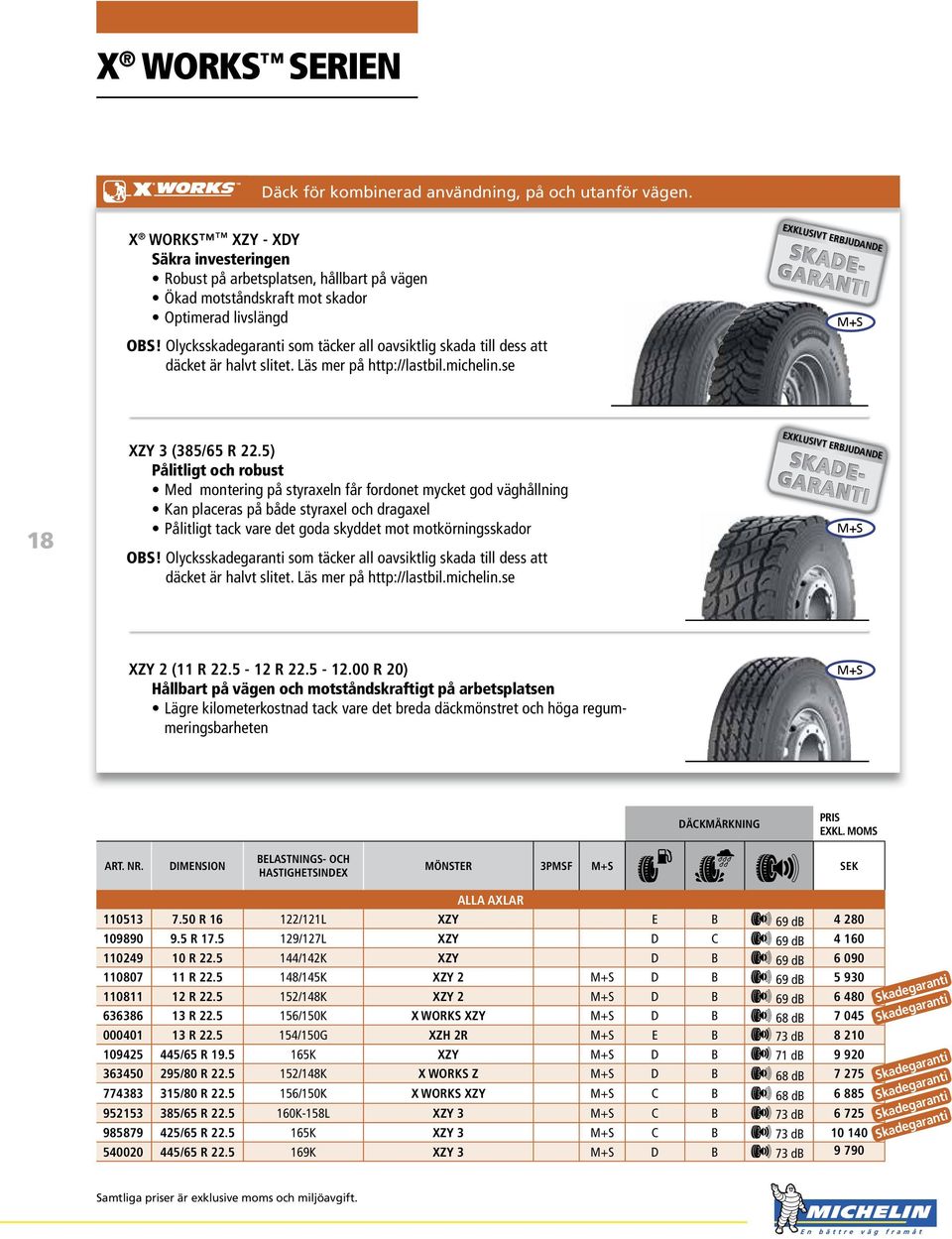 Olycksskadegaranti som täcker all oavsiktlig skada till dess att däcket är halvt slitet. Läs mer på http://lastbil.michelin.se EXKLUSIVT ERBJUDANDE 18 XZY 3 (385/65 R 22.