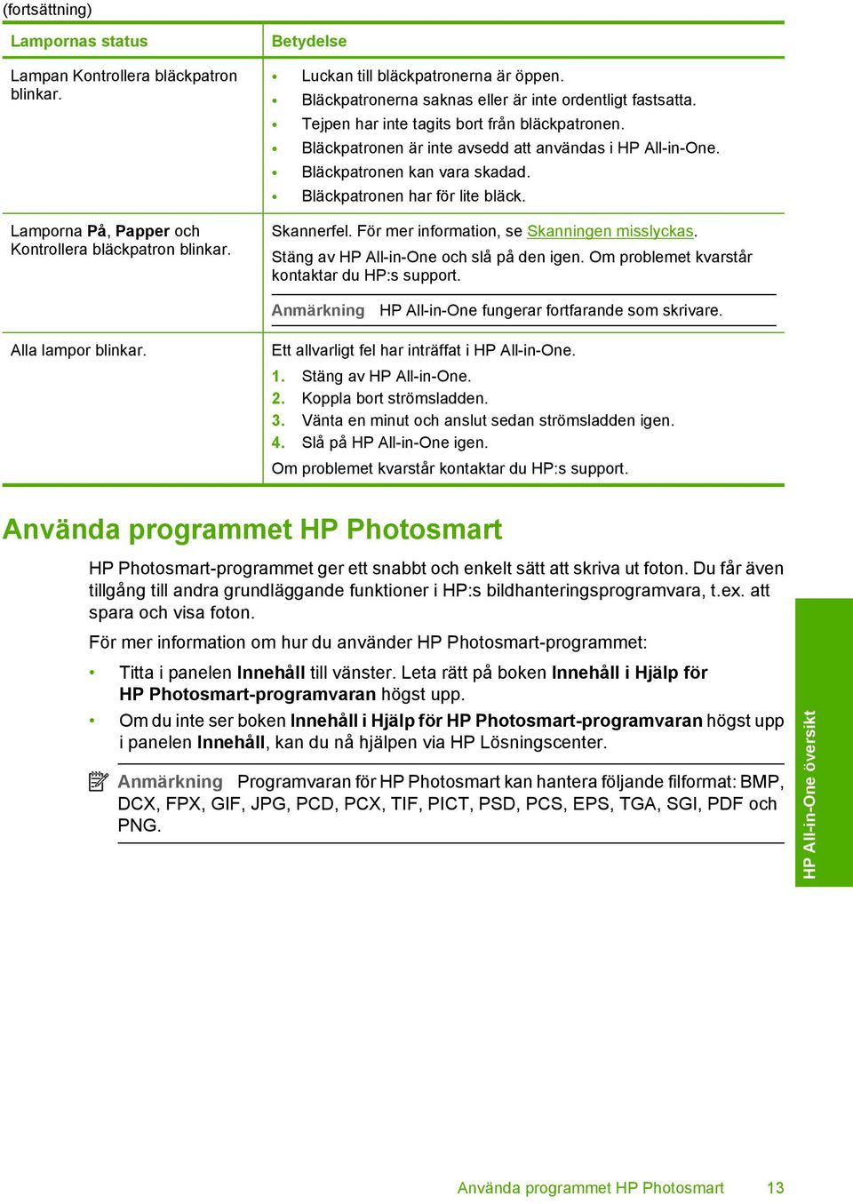 Bläckpatronen har för lite bläck. Skannerfel. För mer information, se Skanningen misslyckas. Stäng av HP All-in-One och slå på den igen. Om problemet kvarstår kontaktar du HP:s support.