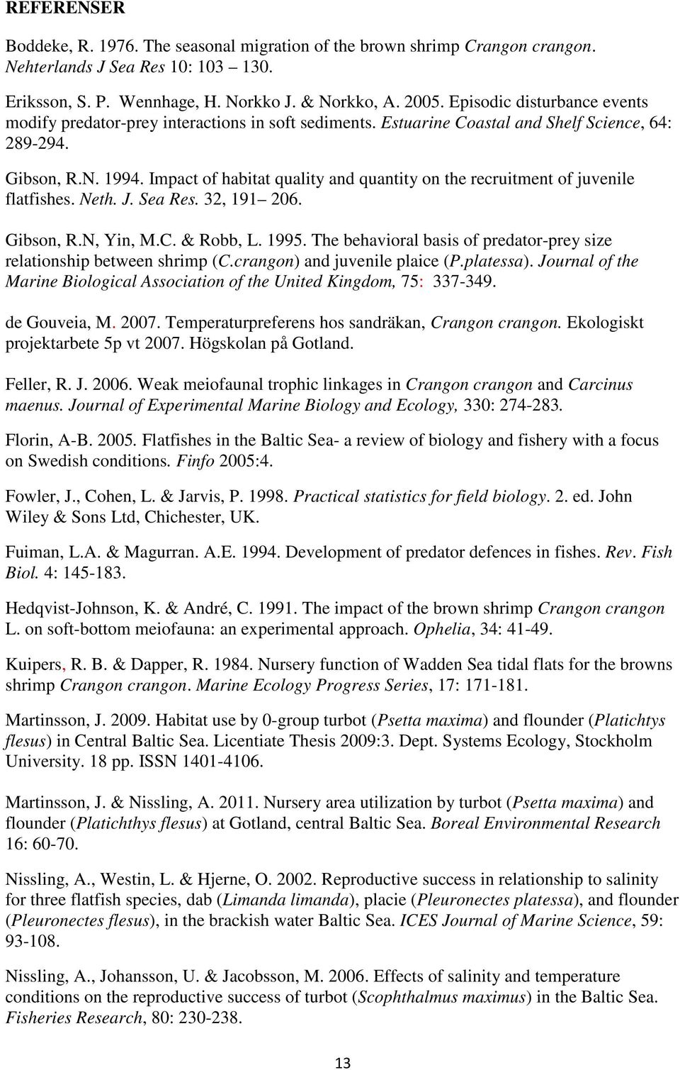 Impact of habitat quality and quantity on the recruitment of juvenile flatfishes. Neth. J. Sea Res. 32, 191 206. Gibson, R.N, Yin, M.C. & Robb, L. 1995.