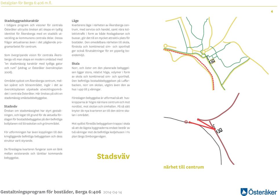 Som övergripande vision för centrala Åkersberga vill man skapa en modern småstad med en stadsmässig karaktär med tydliga gator och rum (utdrag ur Österåker översiktsplan 2006).