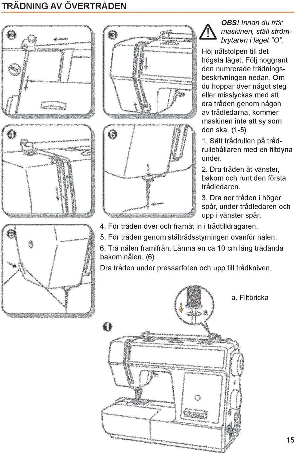 Sätt trådrullen på trådrullehållaren med en lt dyna under. 2. Dra tråden åt vänster, bakom och runt den första trådledaren. 3.