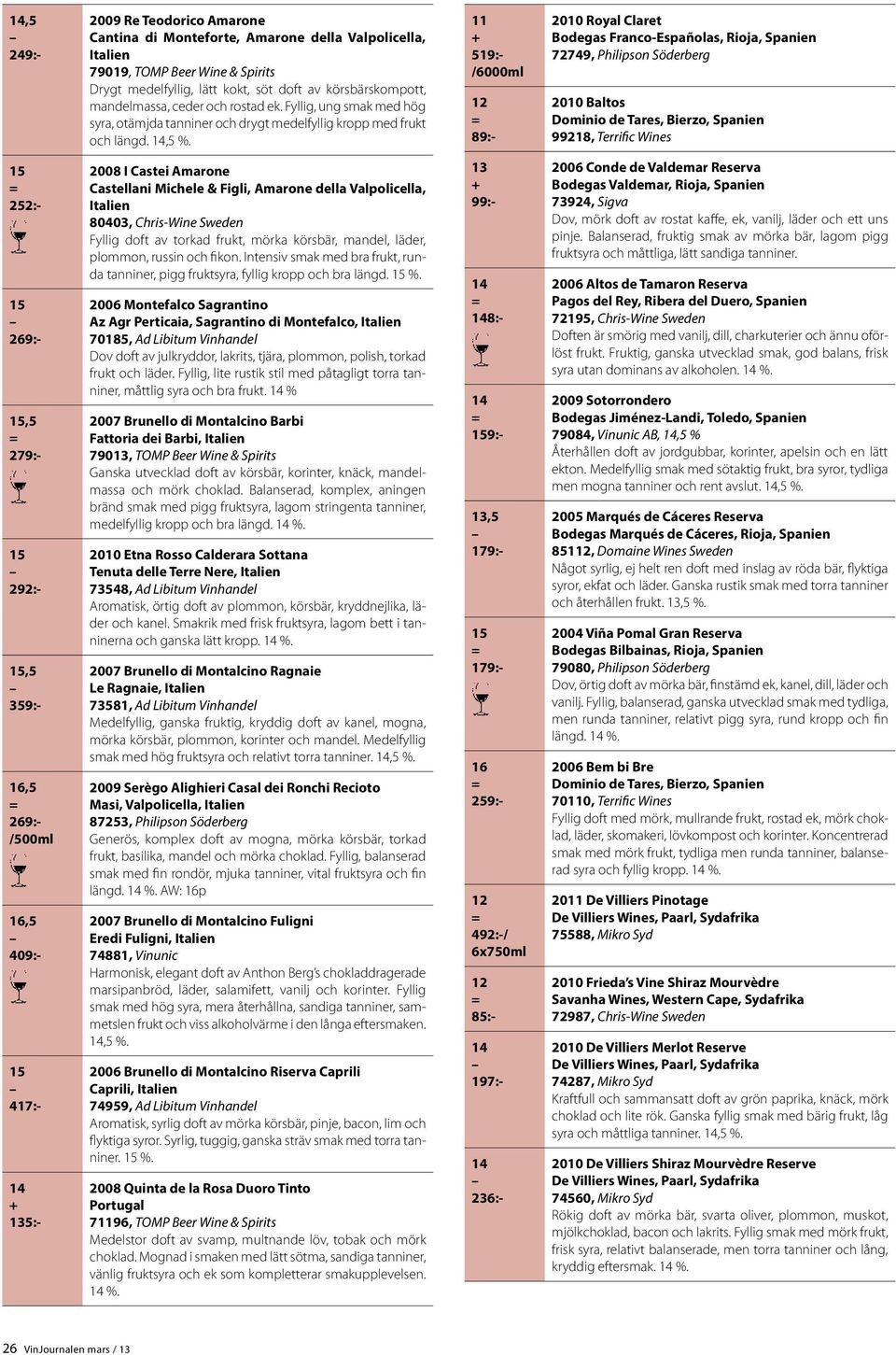 519: /6000ml 2010 Royal Claret Bodegas FrancoEspañolas, Rioja, Spanien 72749, Philipson Söderberg 2010 Baltos Dominio de Tares, Bierzo, Spanien 99218, Terrific Wines 252: 269:,5 279: 292:,5 359:,5