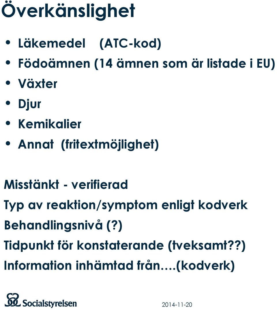 verifierad Typ av reaktion/symptom enligt kodverk Behandlingsnivå (?