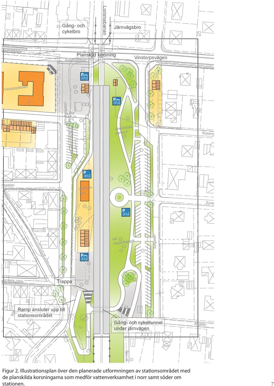 2. Illustrationsplan över den planerade utformningen av stationsområdet med de