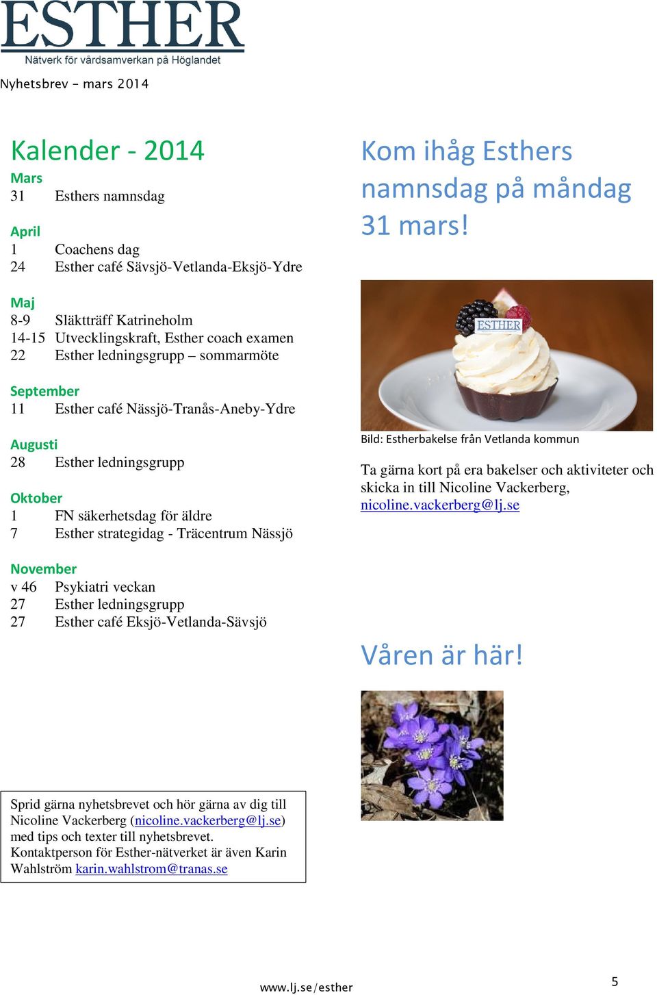 1 FN säkerhetsdag för äldre 7 Esther strategidag - Träcentrum Nässjö November v 46 Psykiatri veckan 27 Esther ledningsgrupp 27 Esther café Eksjö-Vetlanda-Sävsjö Bild: Estherbakelse från Vetlanda