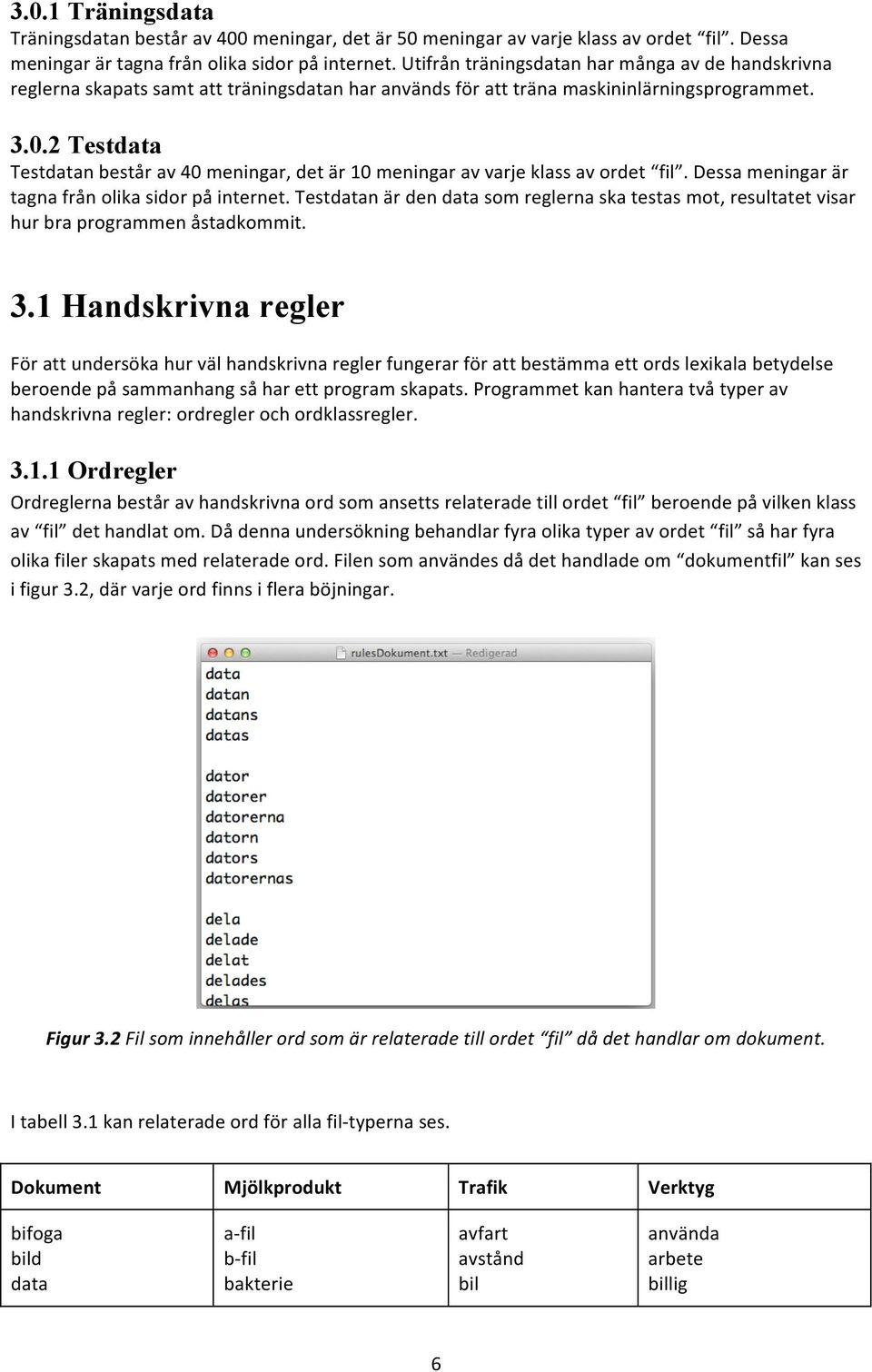 2 Testdata Testdatan består av 40 meningar, det är 10 meningar av varje klass av ordet fil. Dessa meningar är tagna från olika sidor på internet.